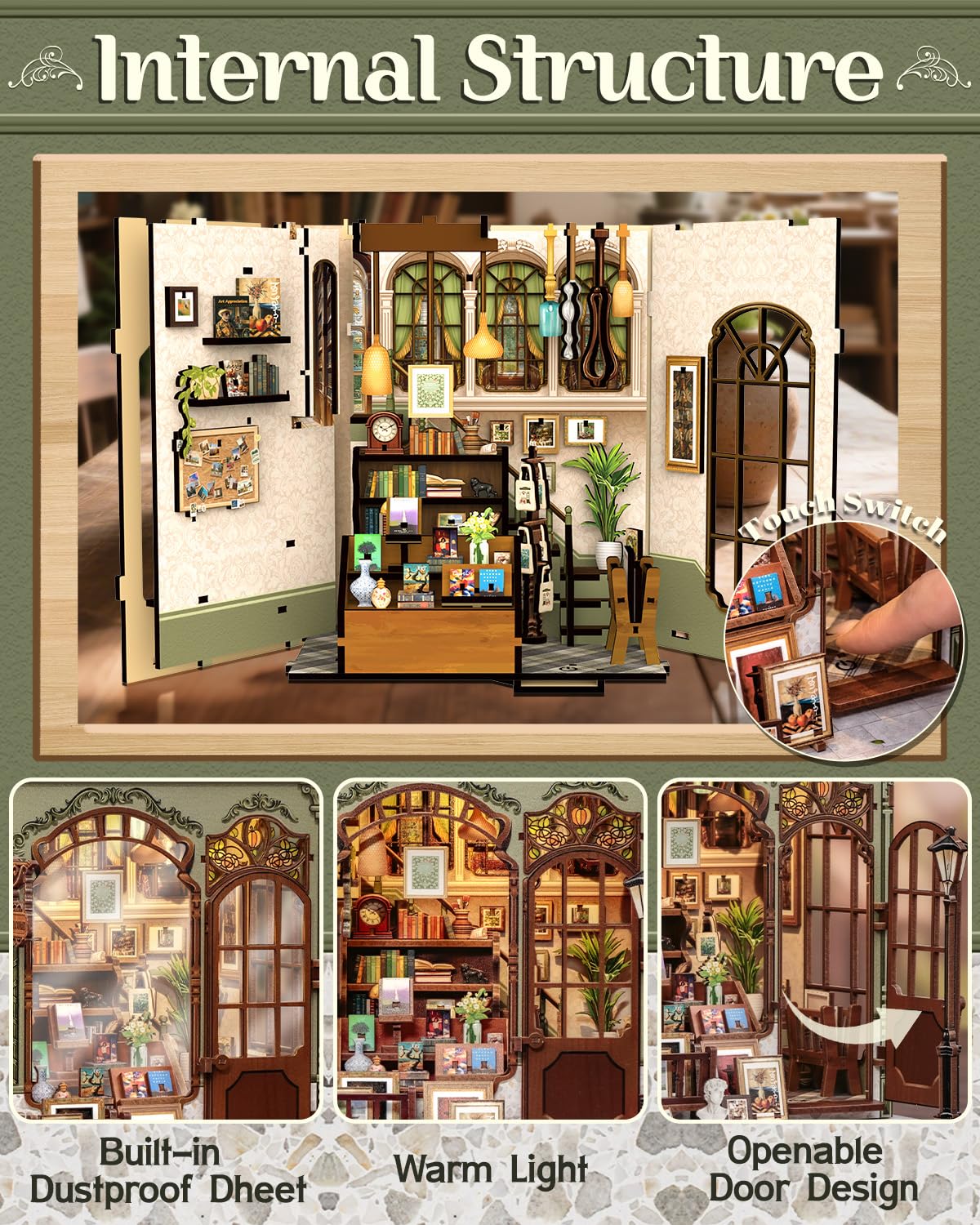 CUTEBEE Book Nook Kit assembly parts spread eases planning and organization.