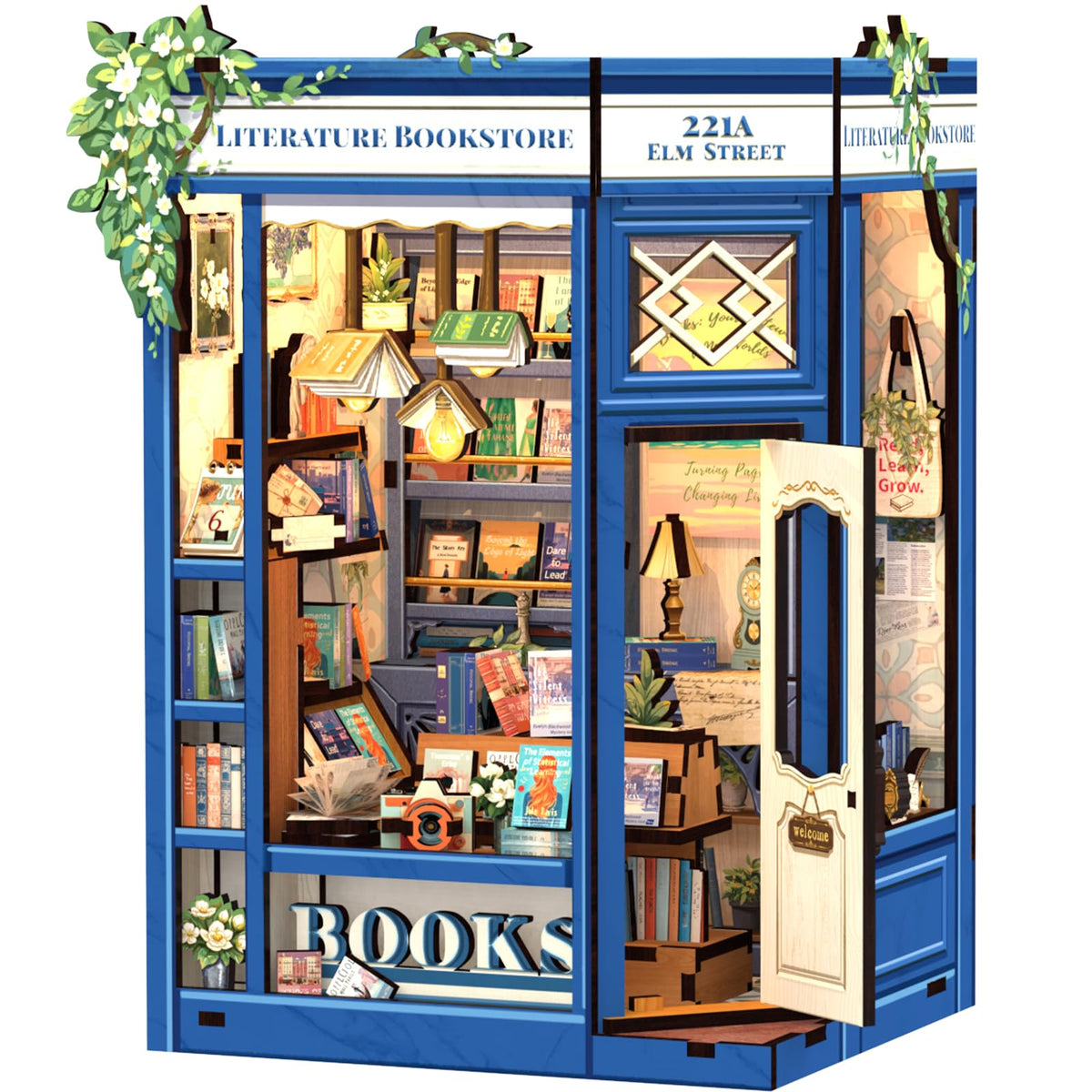 CUTEBEE Book Nook Kit cover reveals a cozy bookstore entrance for shelf display.