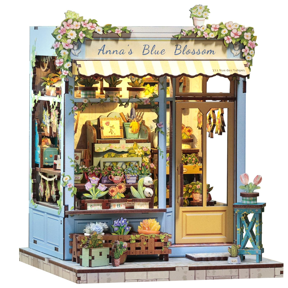 CUTEBEE Book Nook Kit front view of Anna's Blue Blossom storefront for elegant shelf decor