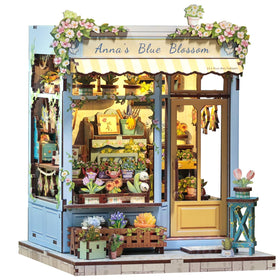 CUTEBEE Book Nook Kit front view of Anna's Blue Blossom storefront for elegant shelf decor