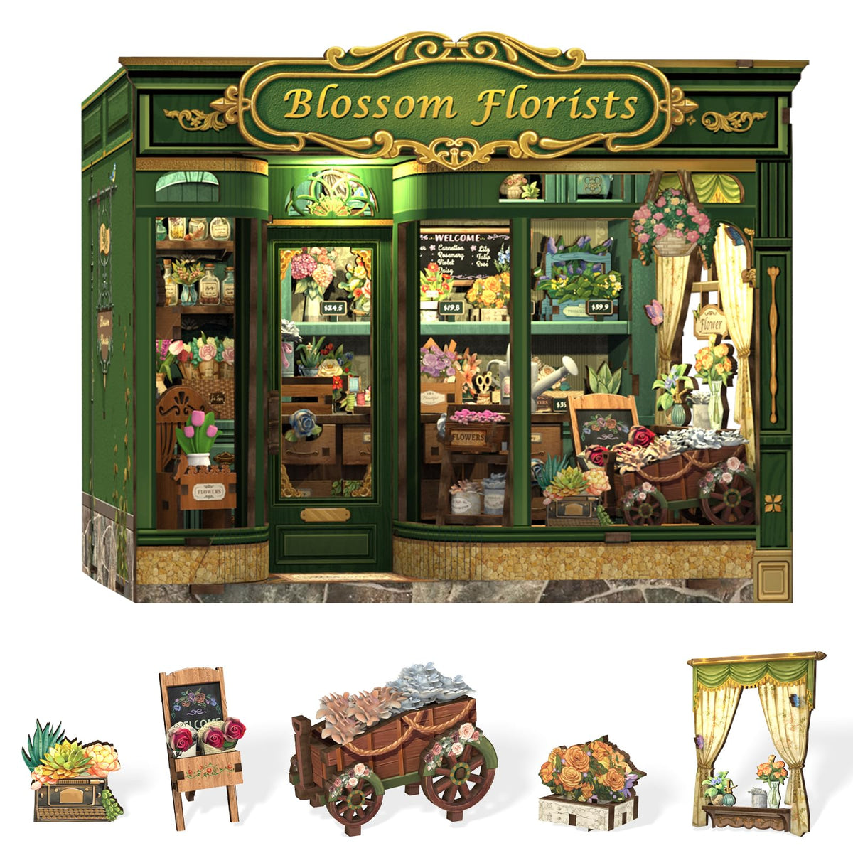 CUTEBEE Book Nook Kit showcases a flower shop scene, ideal for shelf decor.