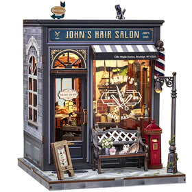 CUTEBEE Book Nook Kit front view shows retro John's Hair Salon style for shelf decor
