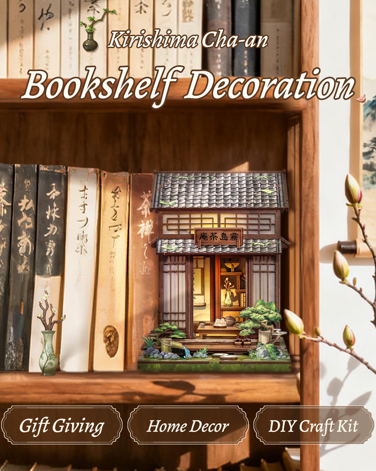 CUTEBEE Book Nook Kit LED lighting brings life to the tea house on a desk