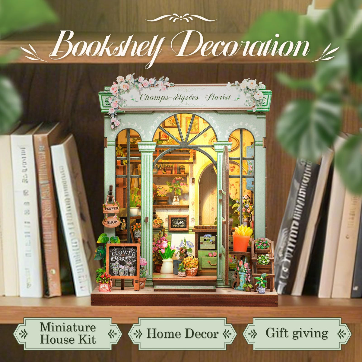 CUTEBEE Book Nook Kit LED lighting adds a warm glow to your tiny world.