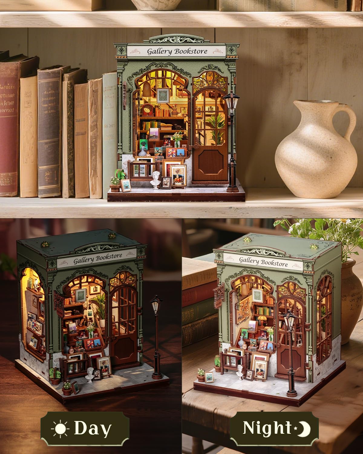 CUTEBEE Book Nook Kit lit-up view demonstrates warm LED accents for evening decor.
