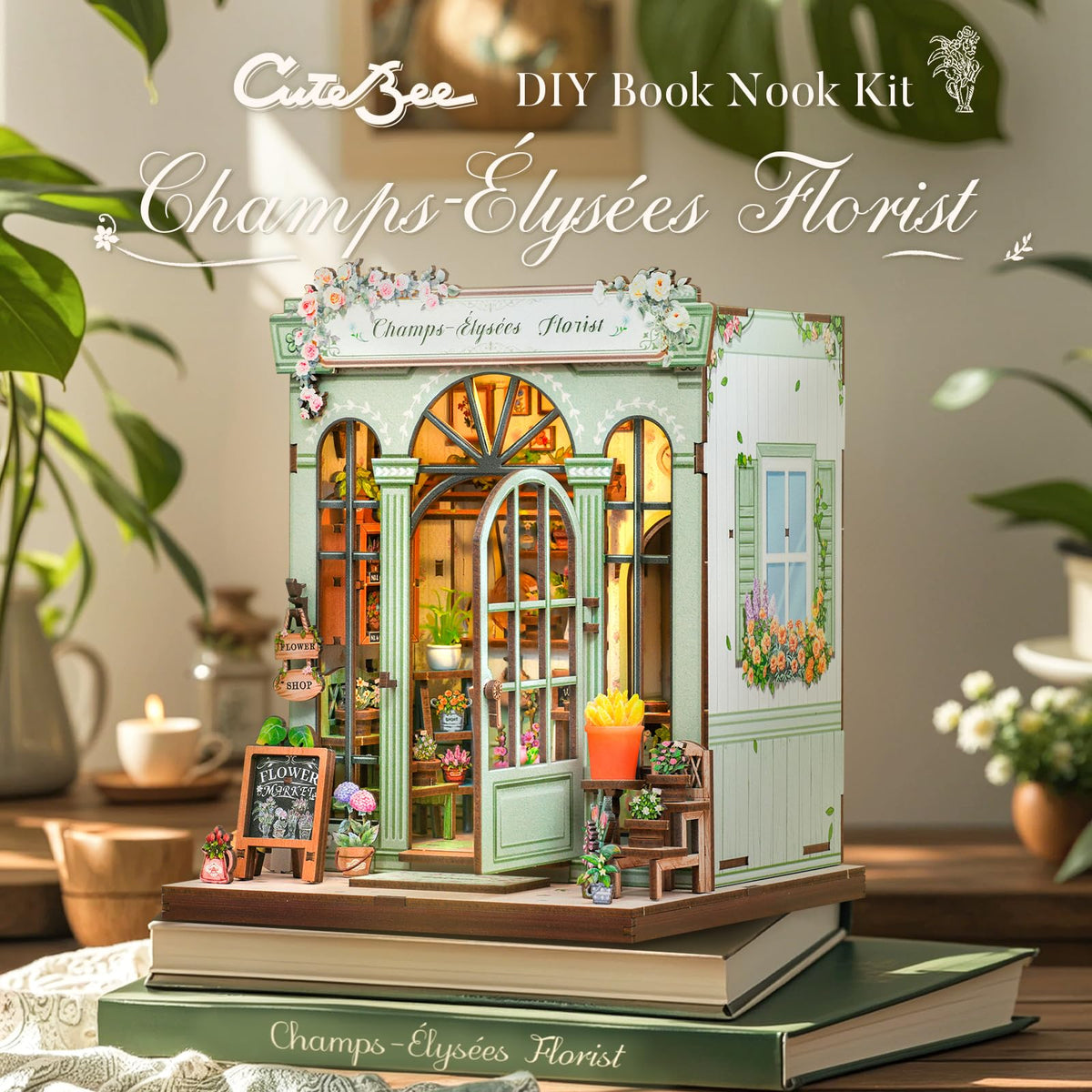 Cutebee Book Nook Kit lit windows create warm ambiance