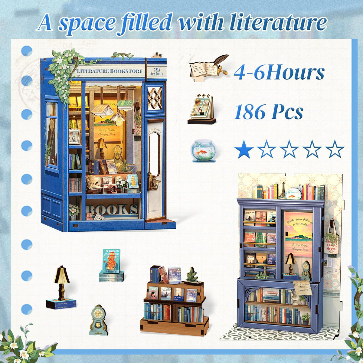 CUTEBEE Book Nook Kit shelves detail enables realistic shelf styling.