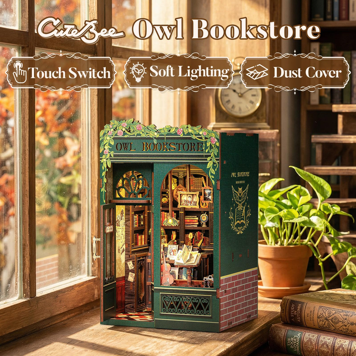 CUTEBEE Book Nook miniature scenes invite creative display with other miniatures.