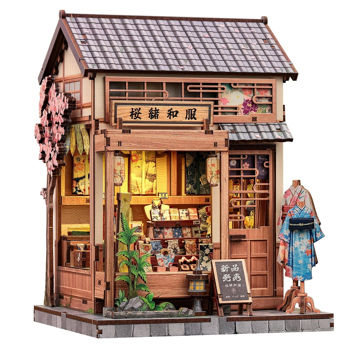 Cutebee Book Nook Kit with sakura kimono storefront for elegant shelf decor.