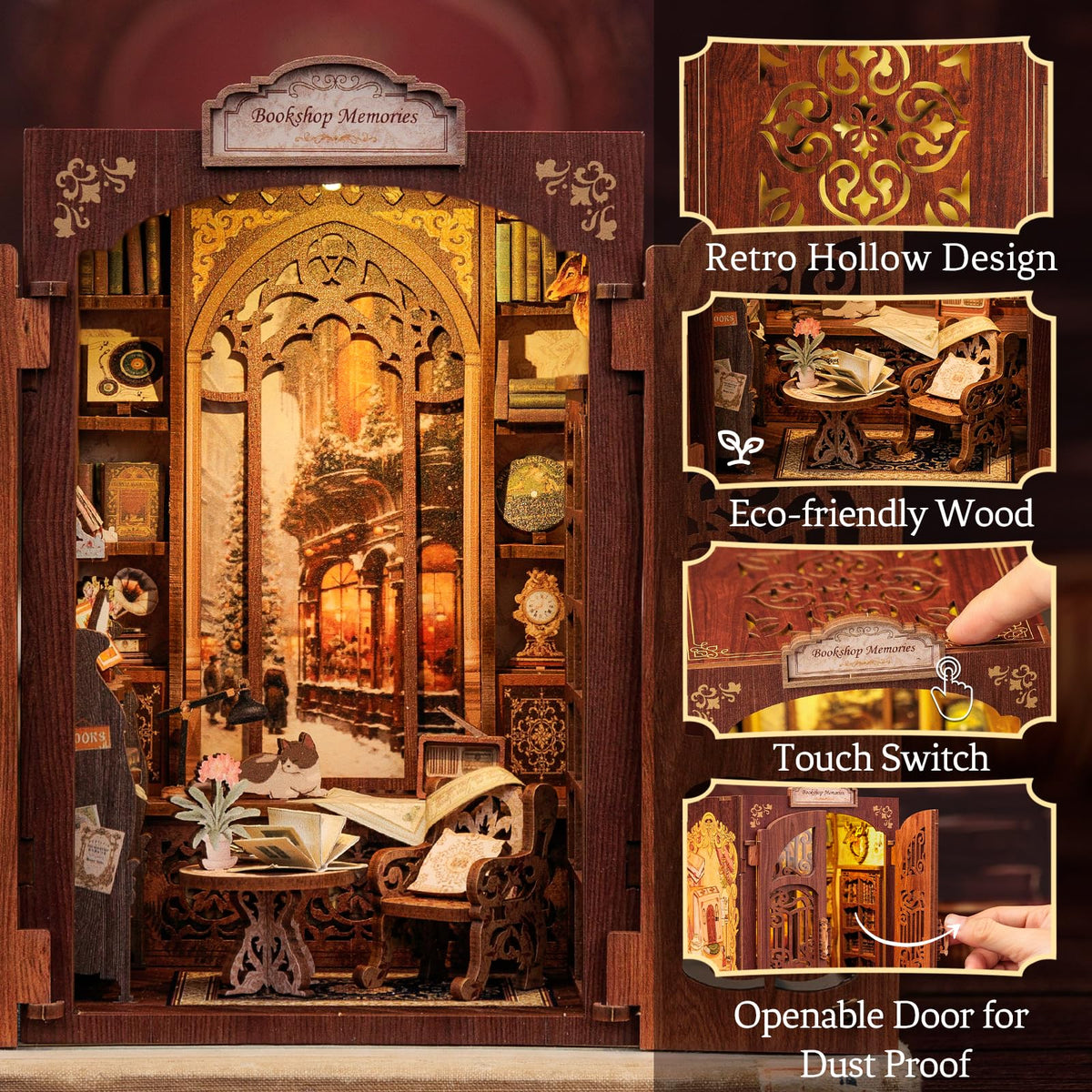 CUTEBEE Book Nook Kit wood material detail highlights quality