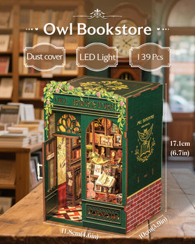 CUTEBEE Book Nook Owl Bookstore diorama on a shelf with warm ambient display