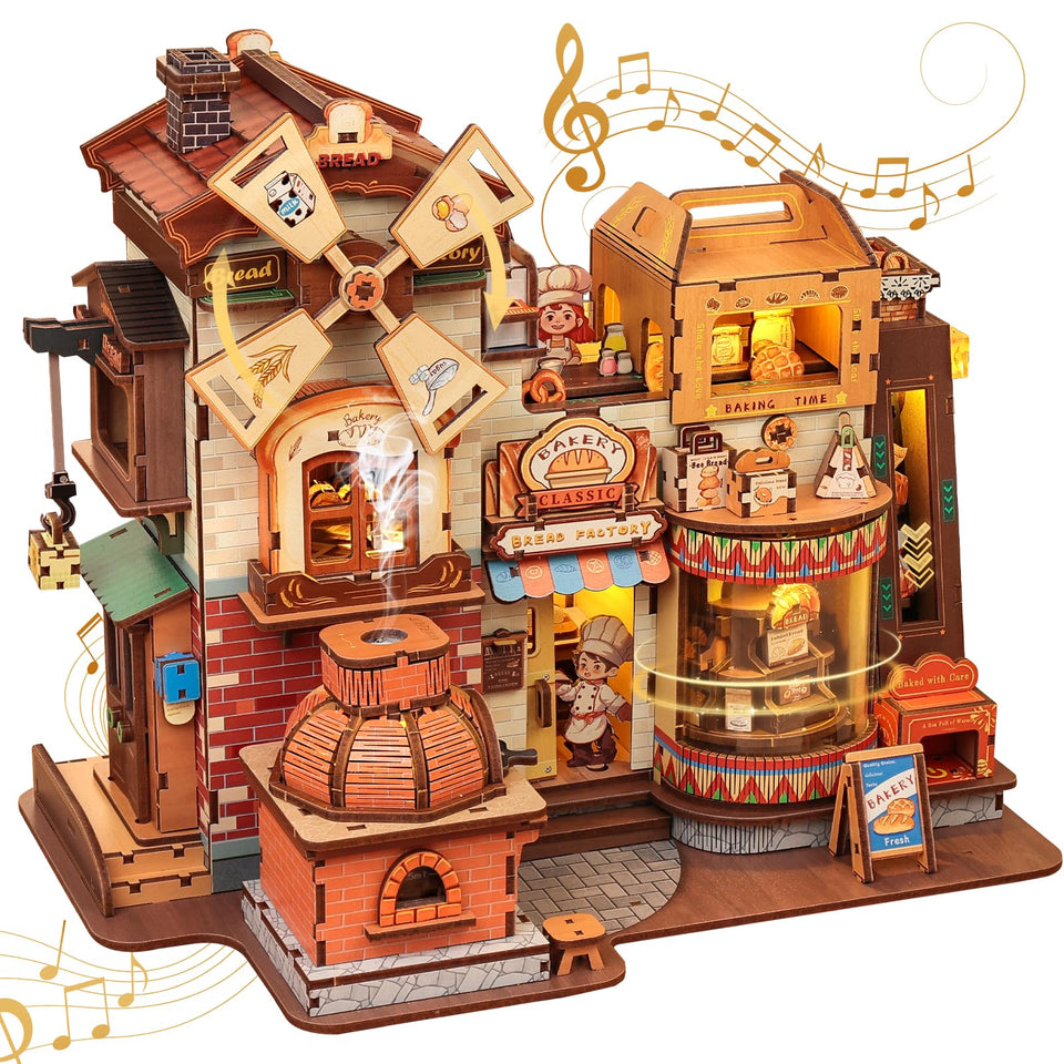CUTEBEE Bread Factory diorama assembly on a desk shows detailed wooden craft