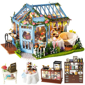 CUTEBEE Rose Garden Tea House dollhouse kit—detailed exterior ideal for display.