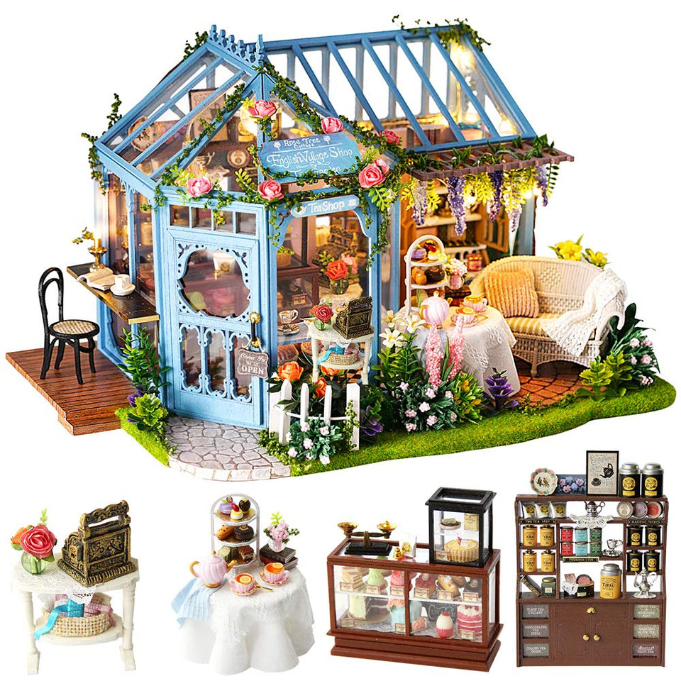 CUTEBEE Rose Garden Tea House dollhouse kit—detailed exterior ideal for display.