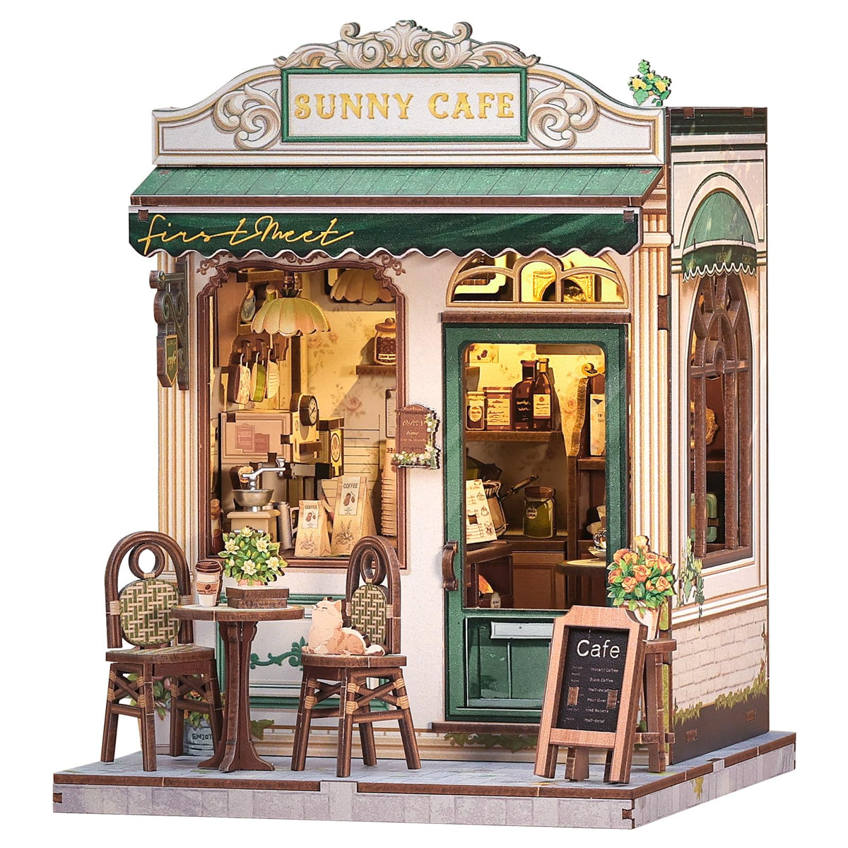 CUTEBEE Sunny Cafe Book Nook Kit front view, inviting shelf decor potential