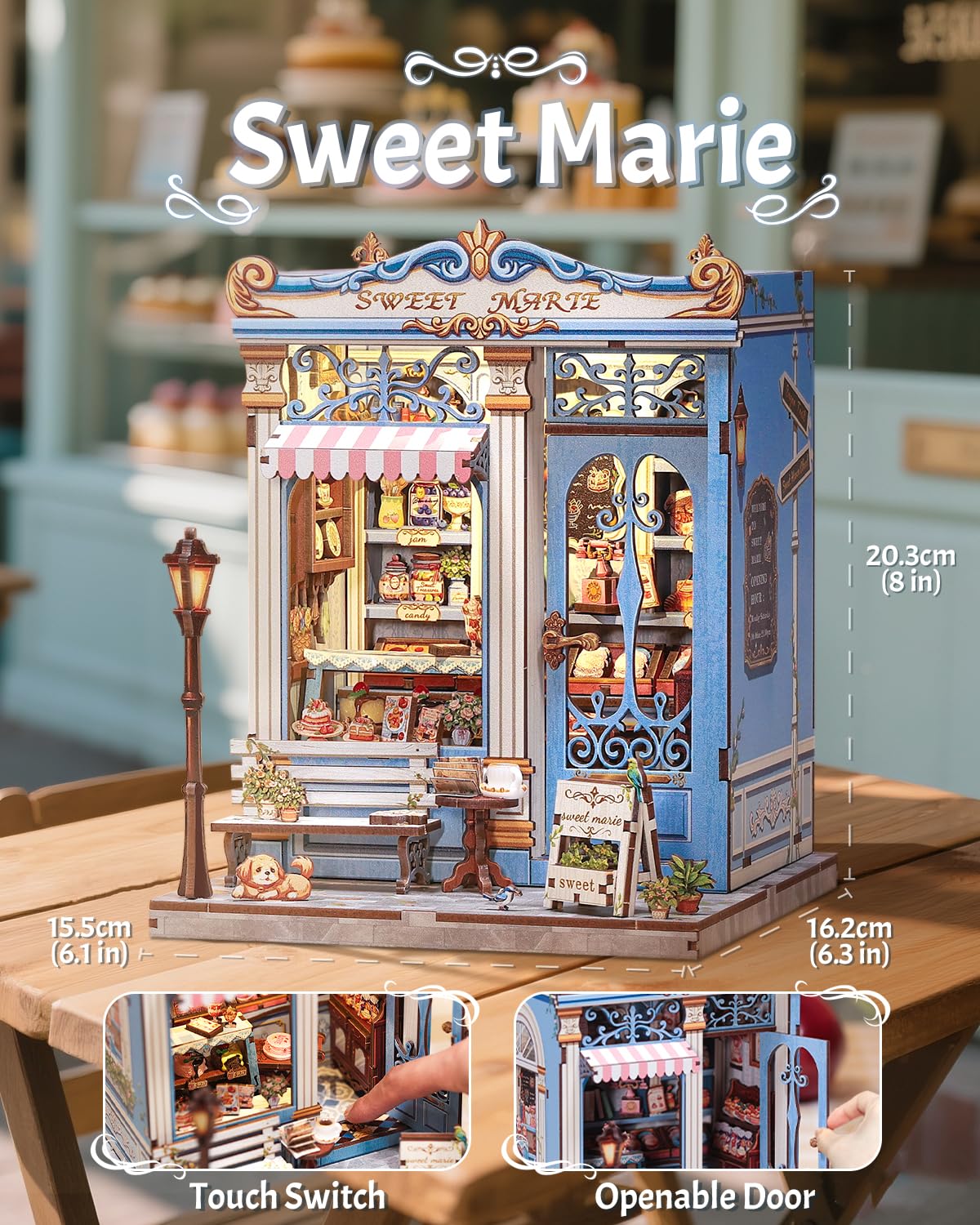 CUTEBEE Sweet Marie miniature bakery interior highlights honey cookies and rainbow candies.
