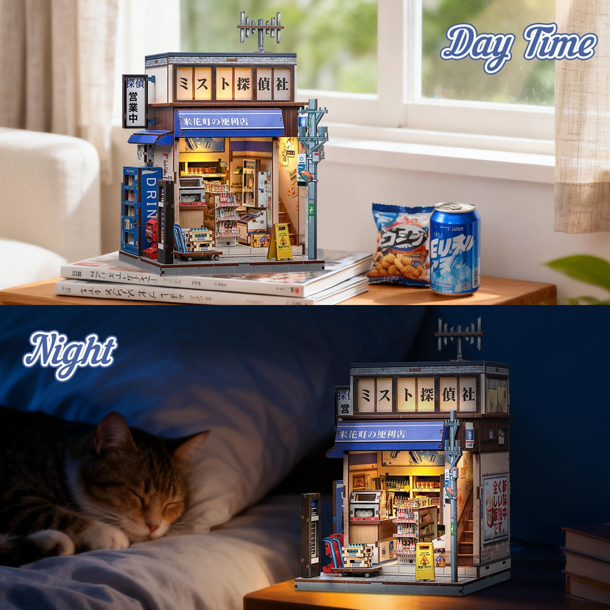 CUTEBEE Tiny-house display serves as a focal point on a bookshelf.