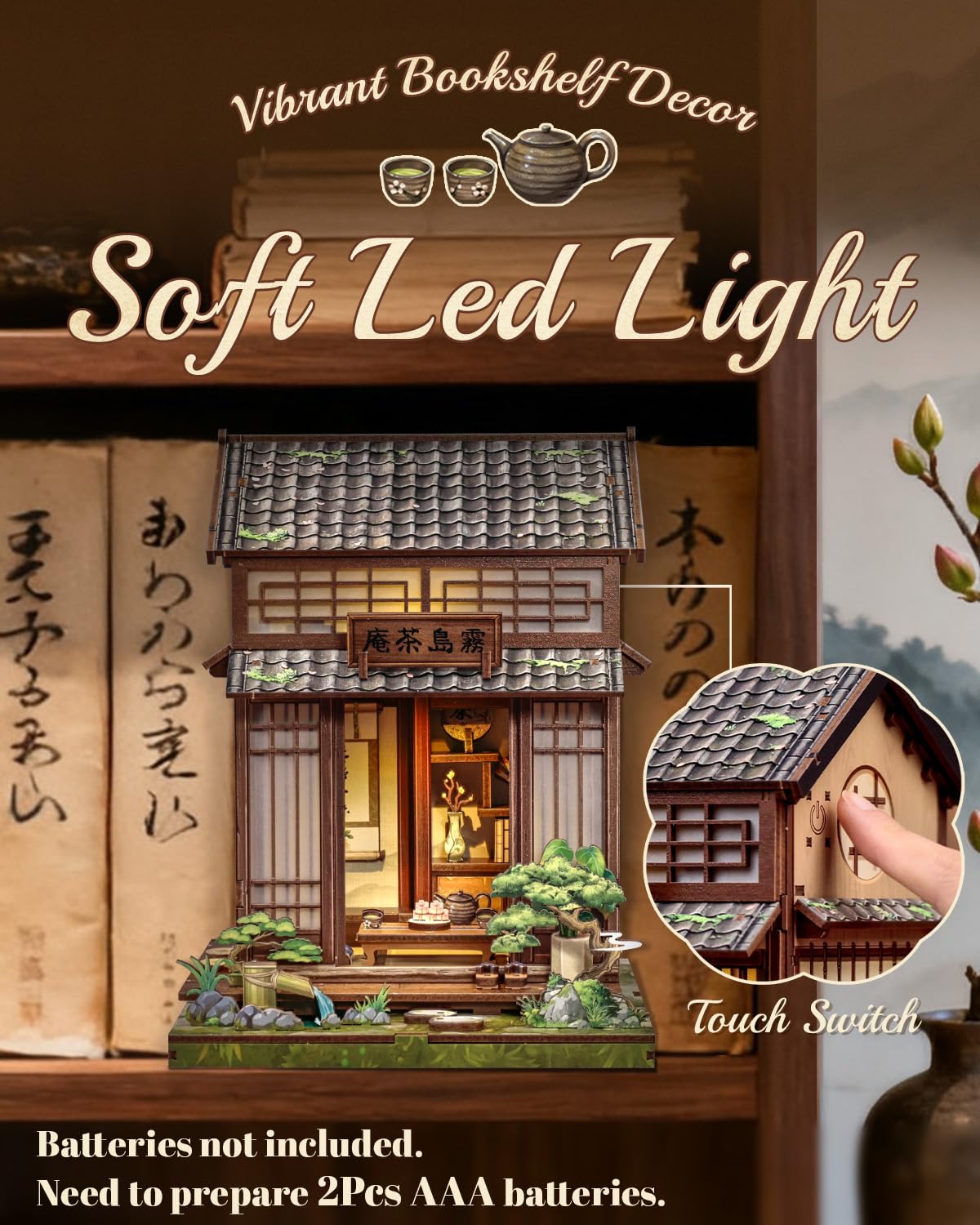 Cutefun Book Nook Kit interior tea room with tatami and wood tones.