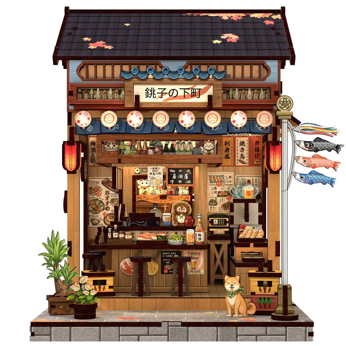 Cutefun Book Nook Kit Izakaya street with warm LEDs for cozy room ambience.
