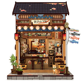 Cutefun Book Nook Kit Izakaya street with warm LEDs for cozy room ambience.