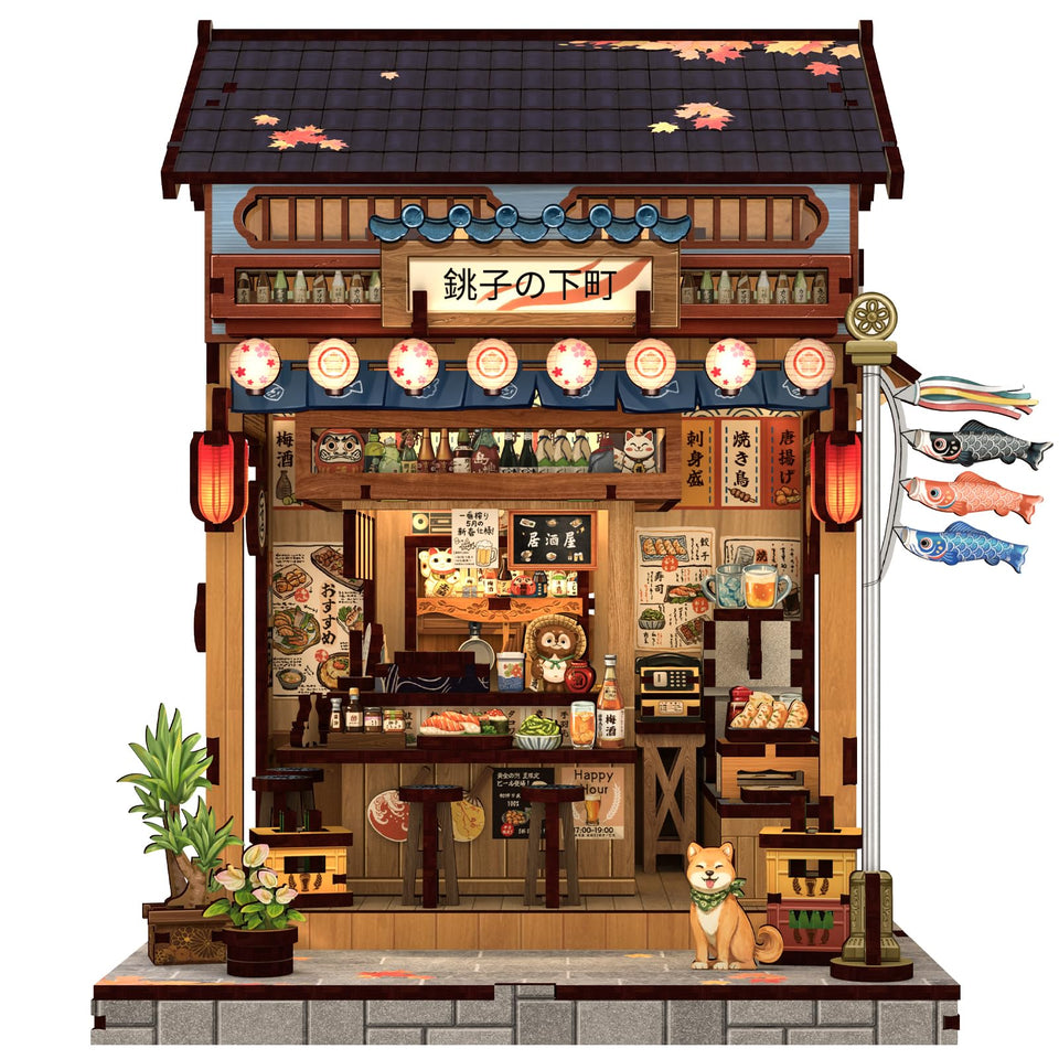 Cutefun Book Nook Kit Izakaya street with warm LEDs for cozy room ambience.