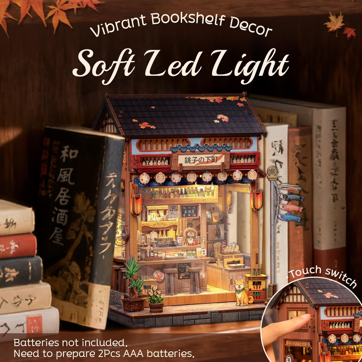Cutefun Book Nook Kit warm LED lighting enhances miniature scene realism.
