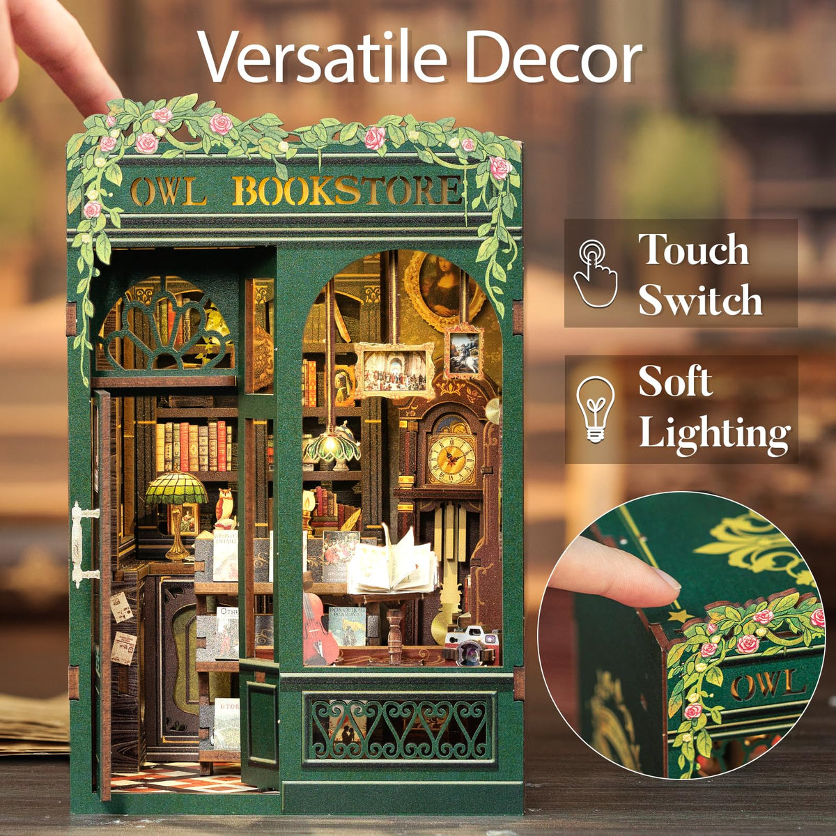 Cutefun Book Nook LED lighting glow highlights warm interior details for cozy display