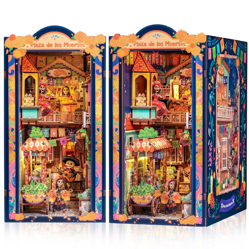 Cutefun Book Nook Plaza de Los Muertos storefronts glow warmly for cozy shelf display.