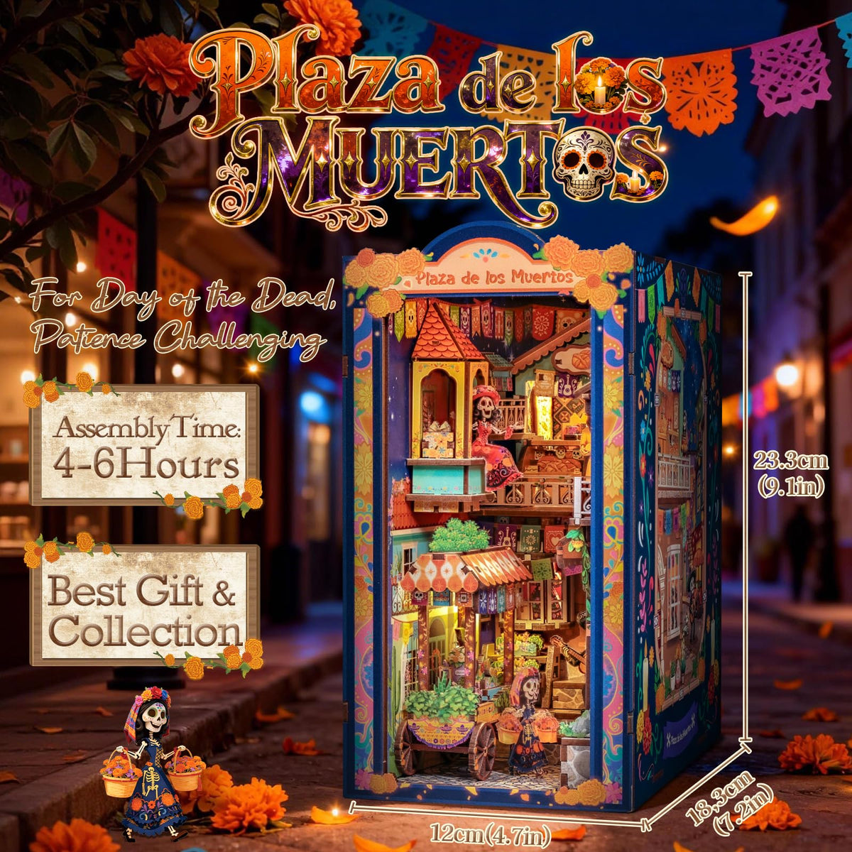Cutefun Book Nook skeleton guitarists with dog invite a playful shelf scene.