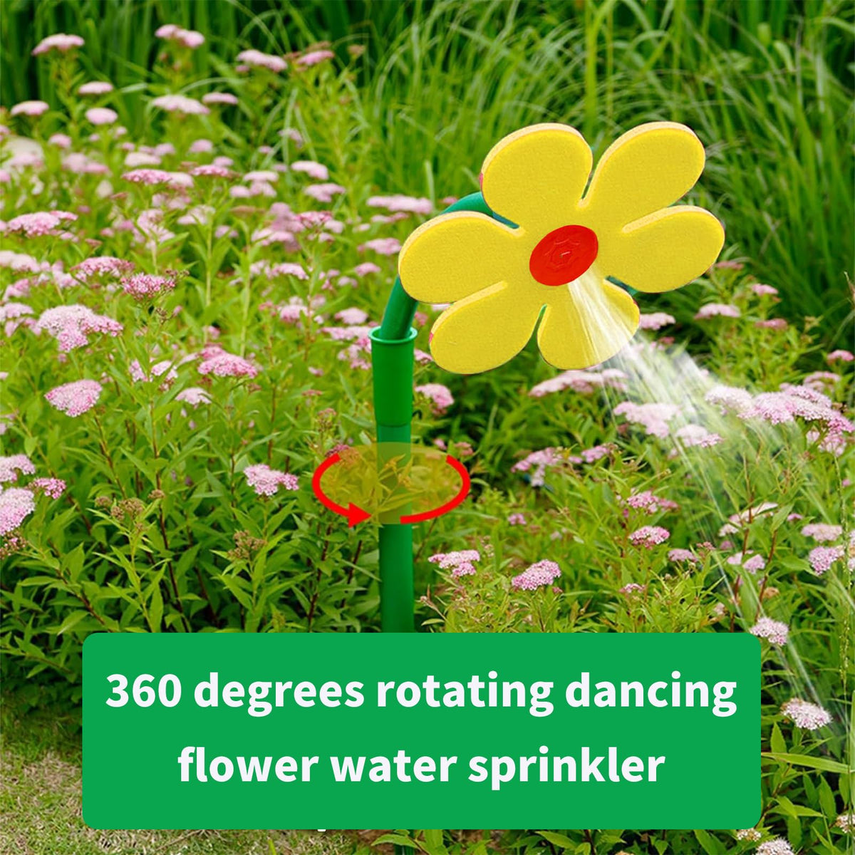 CUTENNIOU Crazy Daisy Sprinkler side view shows stability for lively outdoor use.
