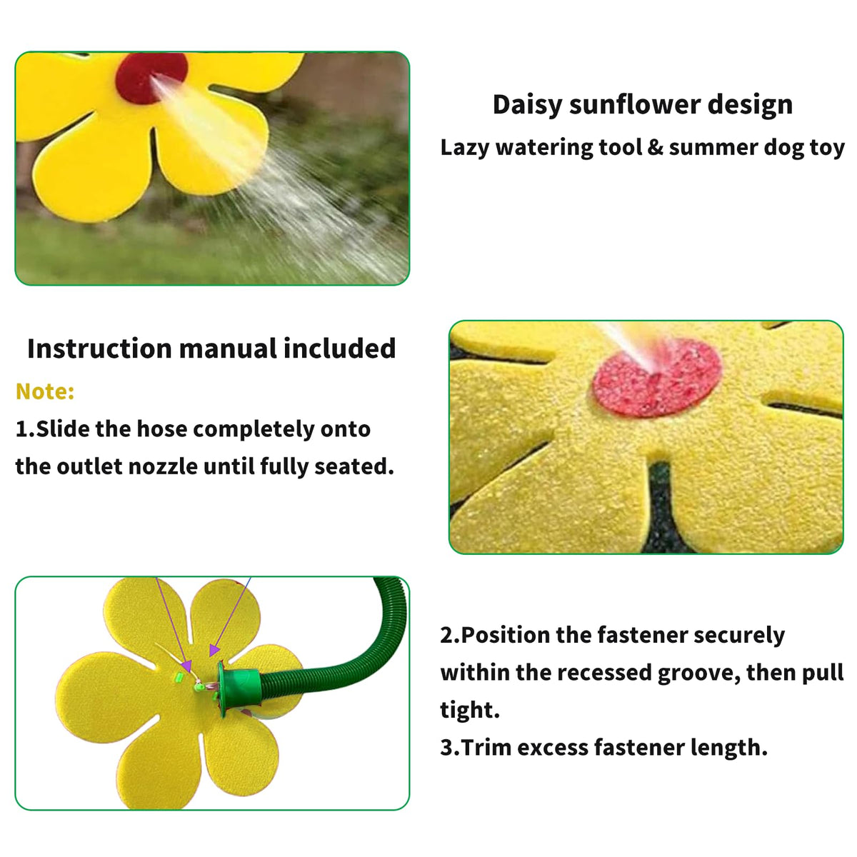CUTENNIOU Crazy Daisy Sprinkler water flow highlighting vibrant yellow petals in sun.