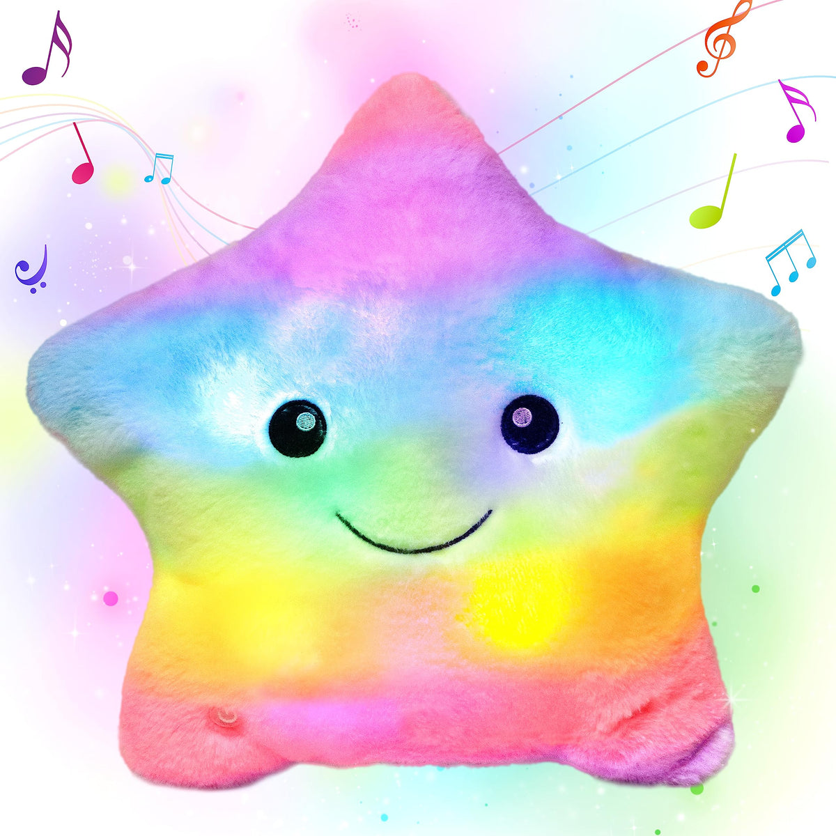 Cuteoy 13-inch musical rainbow star pillow glows softly on bed
