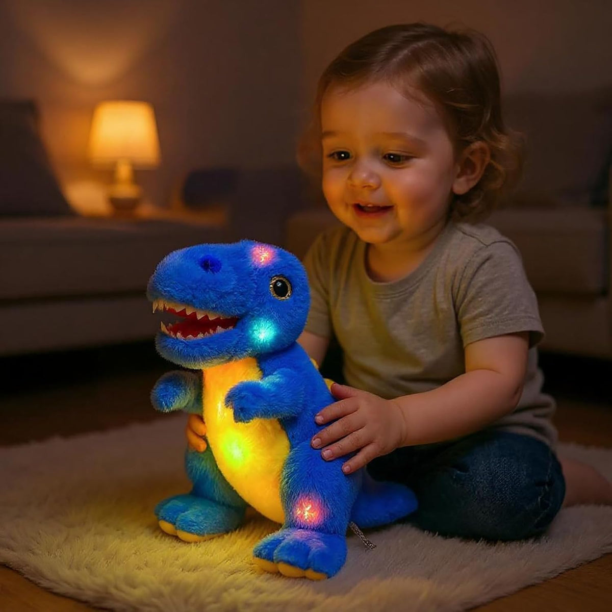 Blue dinosaur plush glowing at night for a comforting bedtime companion.