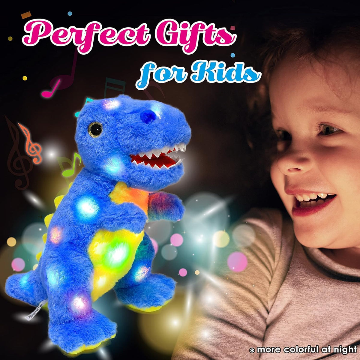 Cuteoy blue dinosaur LED night light glows softly in darkness.