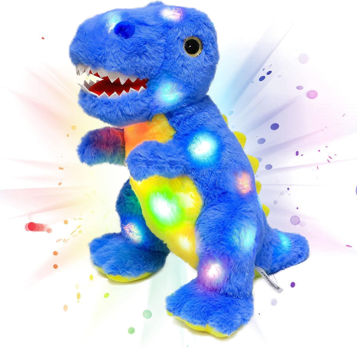 Cuteoy light-up blue dinosaur plush with glowing LEDs for festive play.