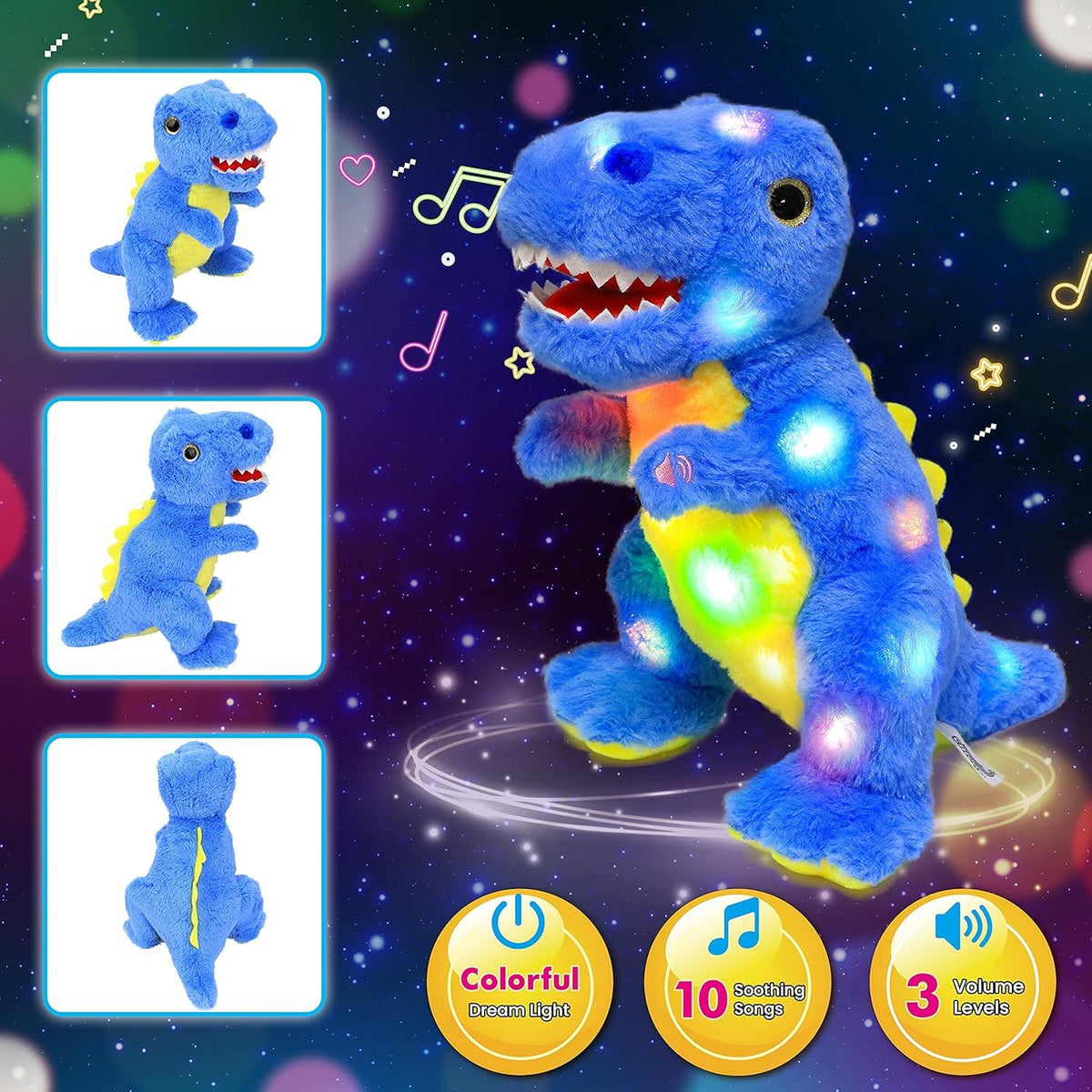 Close-up of Cuteoy eyes glowing on the blue dinosaur plush.