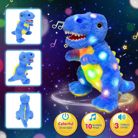 Close-up of Cuteoy eyes glowing on the blue dinosaur plush.