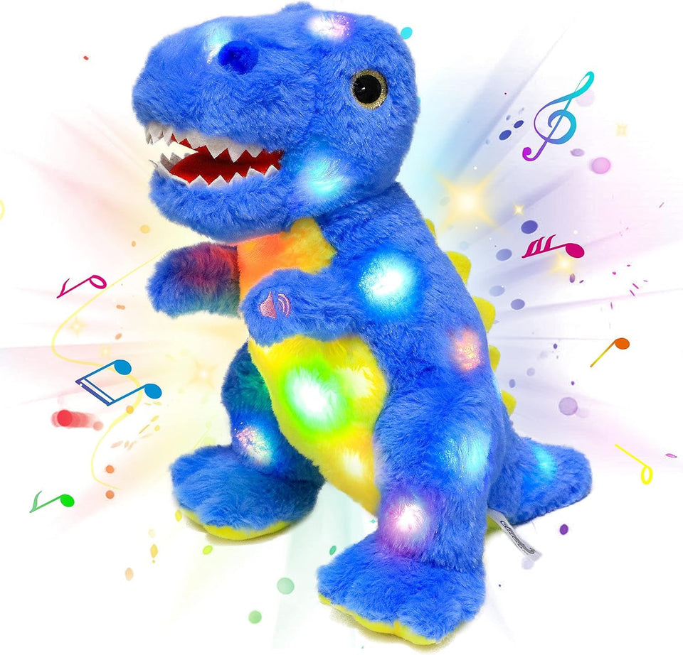 Cuteoy blue dinosaur plush front view with glowing lights for bedtime fun.
