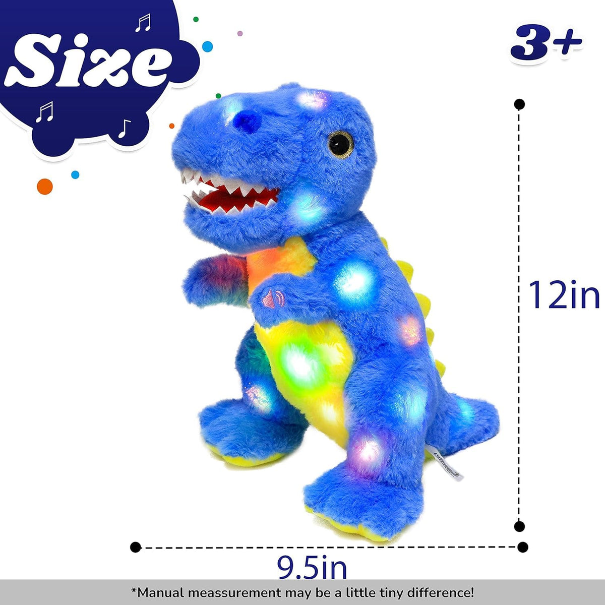 Cuteoy blue dinosaur plush side view showing glow for nighttime play.