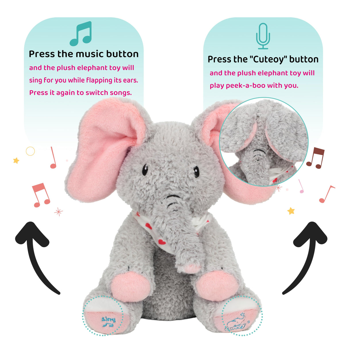Cuteoy Peek A Boo Elephant features eyes-covering ears for playful surprise.