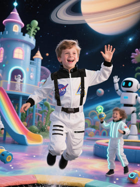 Cuteshower astronaut costume displaying flag patches for a realistic look