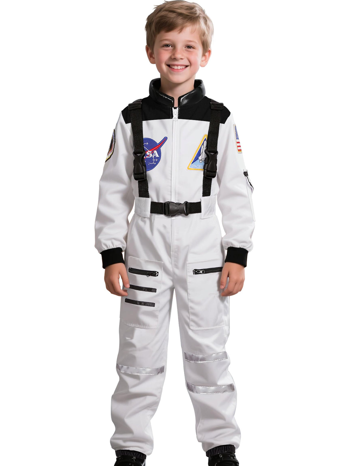Cuteshower astronaut costume featuring a white jumpsuit with patches for authentic space play