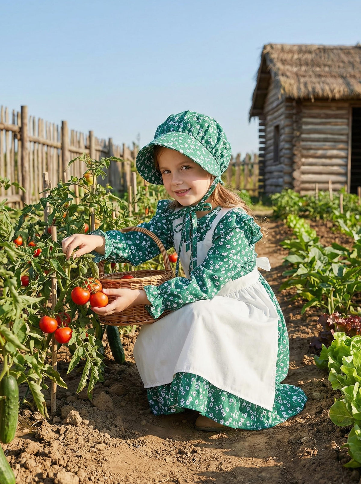 Cuteshower colonial hat in green complements the outfit for a complete pioneer look