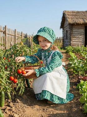 Cuteshower colonial hat in green complements the outfit for a complete pioneer look