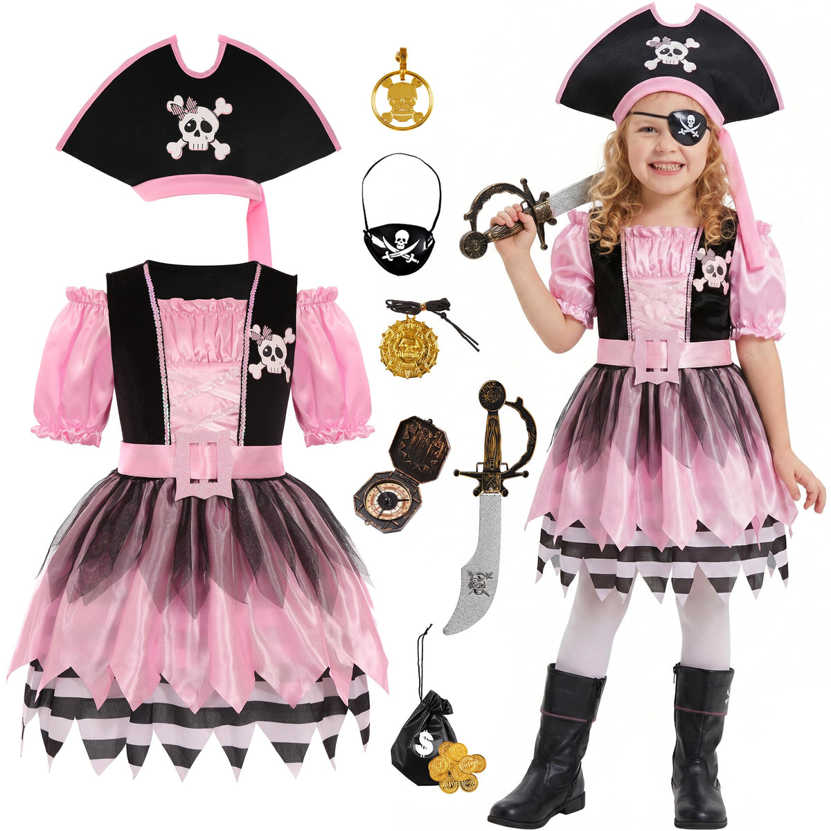 Cuteshower Girls Pirate Costume set with pink dress and accessories for imaginative play and Halloween