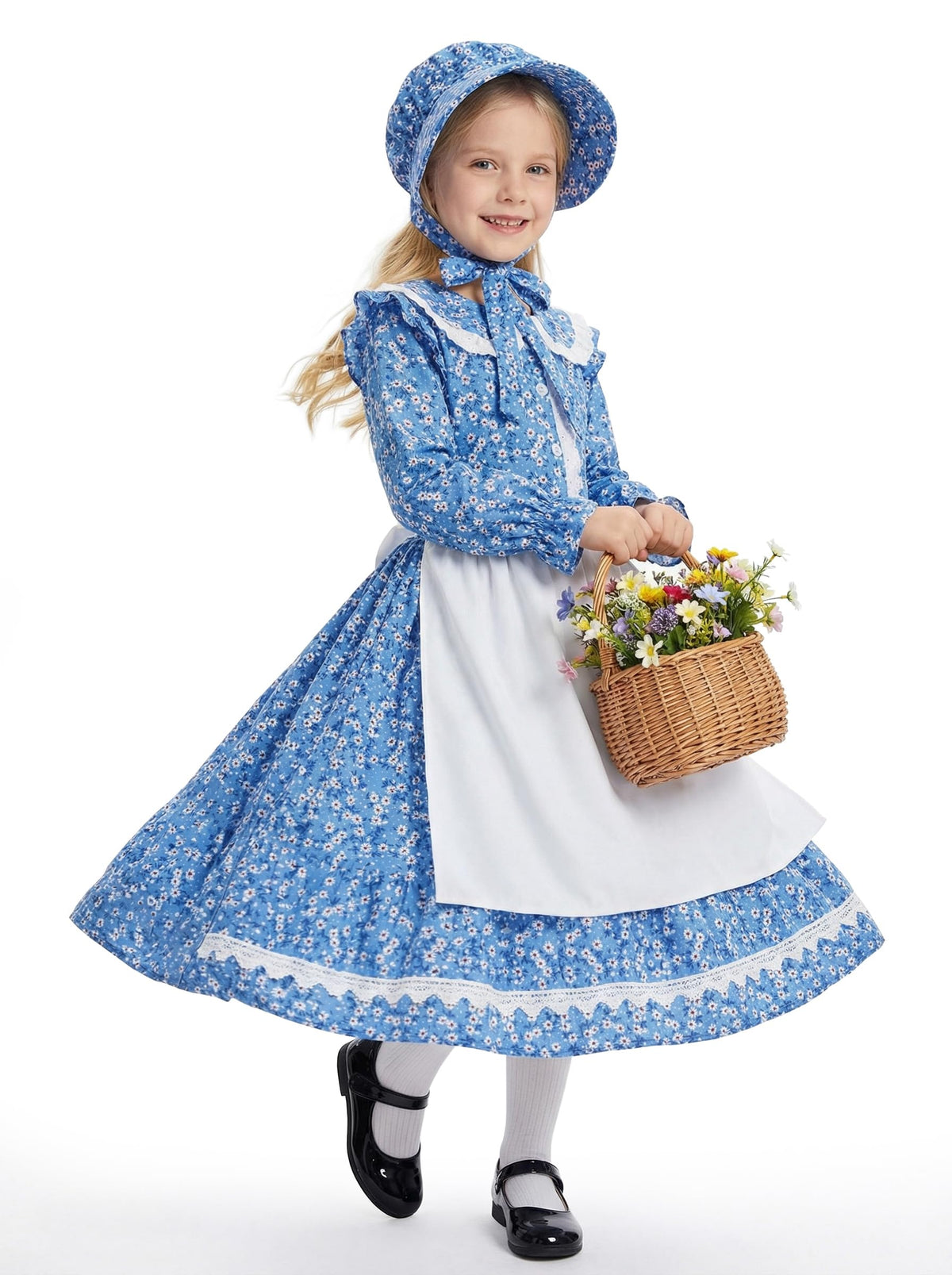 Cuteshower Pioneer Dress blue front view for imaginative colonial play