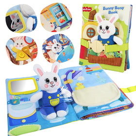 CuteZone Busy Book with attached bunny provides a cozy travel companion for toddlers.