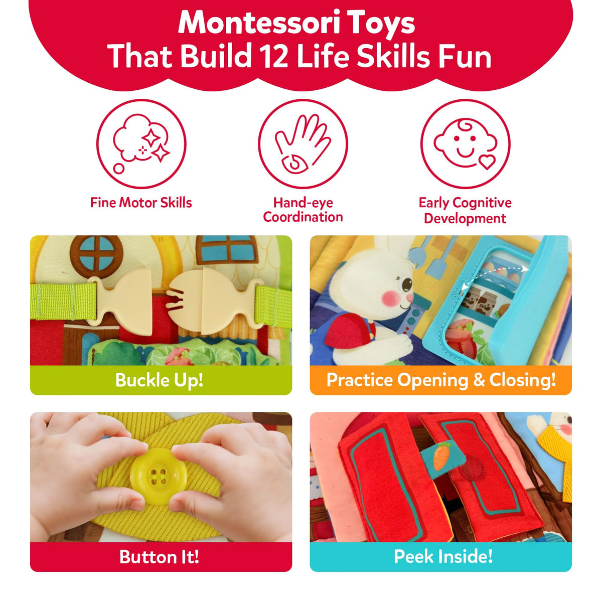 CuteZone Busy Book demonstrates buckles, buttons, and snaps for fine motor practice.