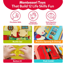 CuteZone Busy Book demonstrates buckles, buttons, and snaps for fine motor practice.