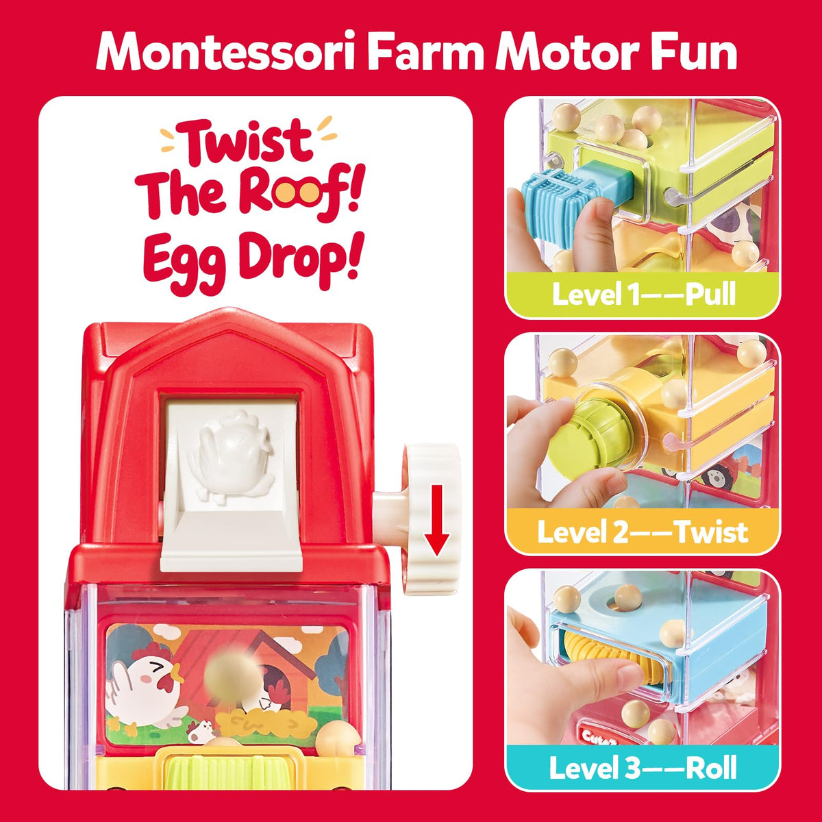 CuteZone Farm Egg Drop Toy pull-lever action promotes finger dexterity during play.